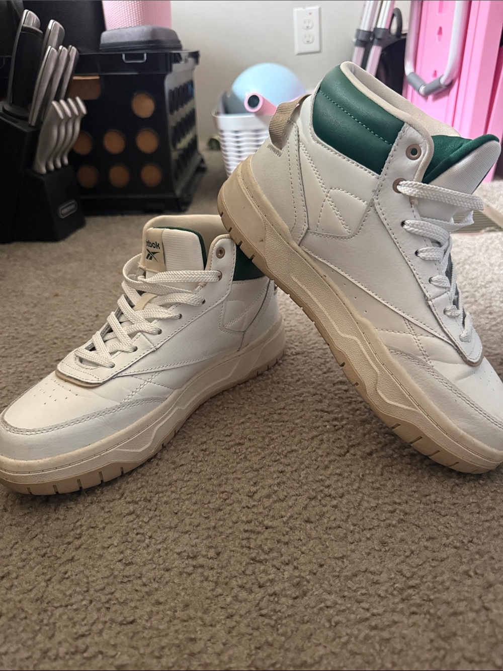 Reebok White and Green Mid-Top Sneakers
